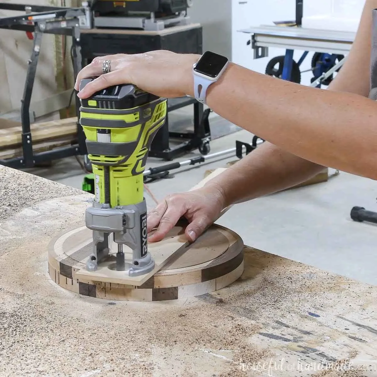 Routing out a groove for the glass dome to sit in on the cake plate. 