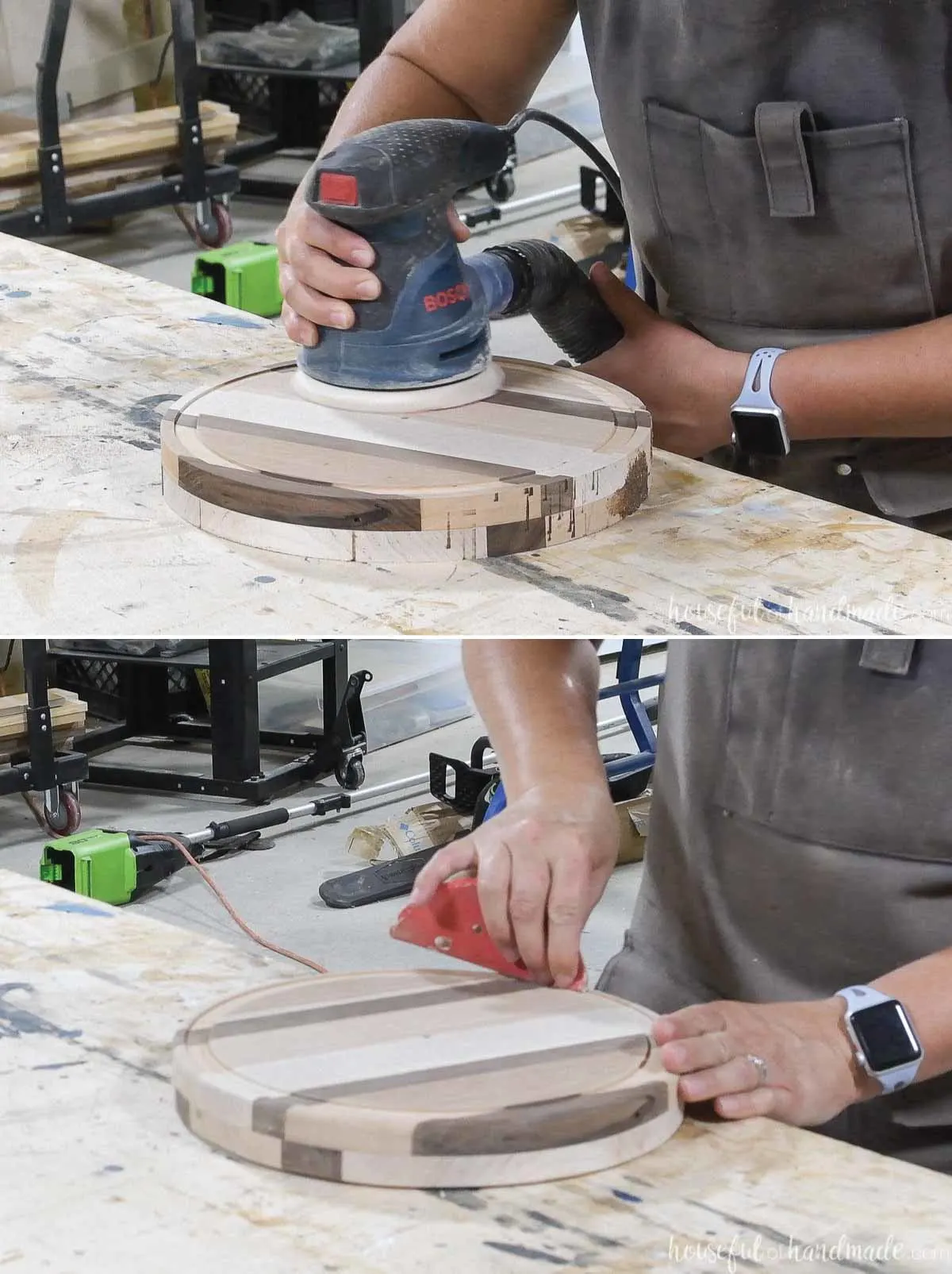 Sanding the wood cake stand before sealing.