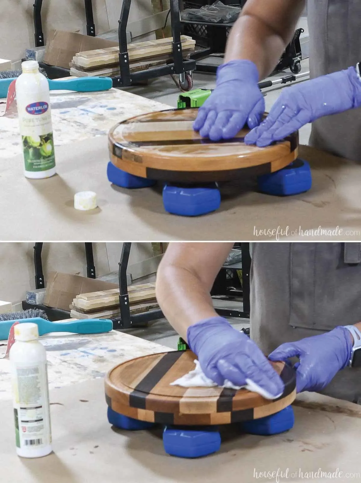 Sealing the wood for the cake plate with tung oil.