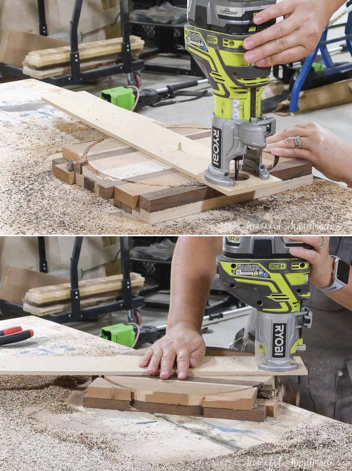 Cutting out the circle with a DIY router jig.