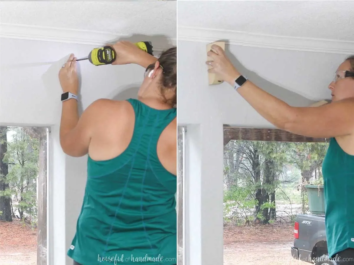 Drilling a hole in the wall to slide the curtain rod bracket onto.