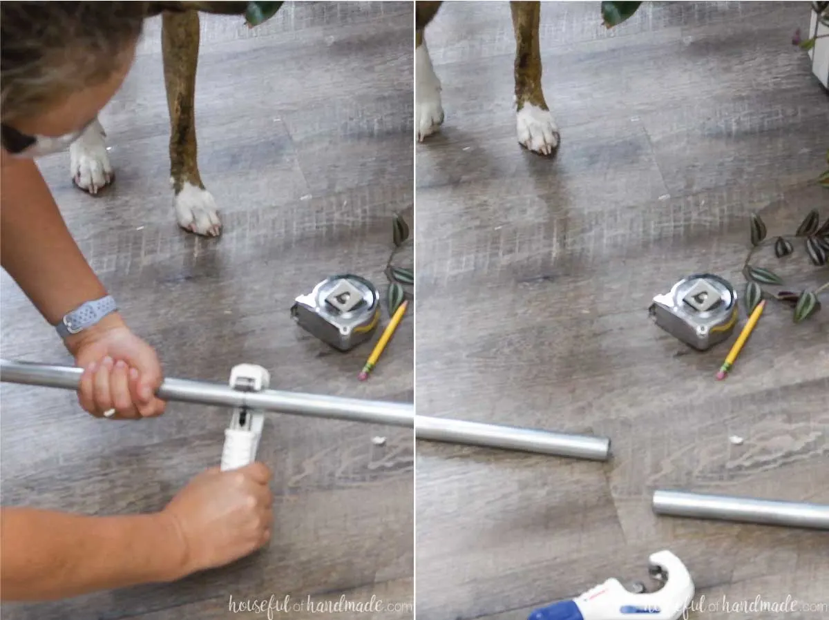 Cutting a piece of conduit to use as a curtain rod. 