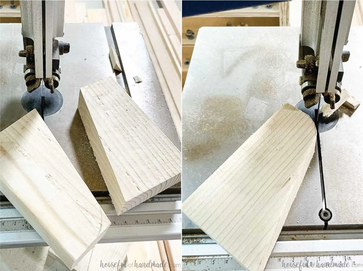 Cutting the two curtain rod bracket pieces apart on the bandsaw and then cutting the curve. 