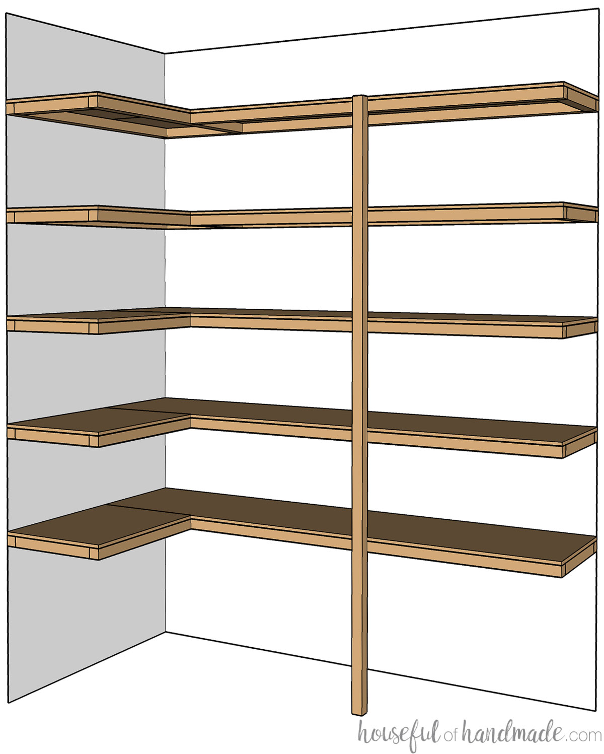 3D sketch of storage shelves with a 2x2 board for support in the front. 