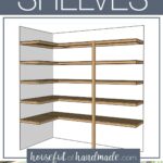 Words "Easy to Build DIY Storage Shelves" over 3D sketch and picture of completed storage shelves.