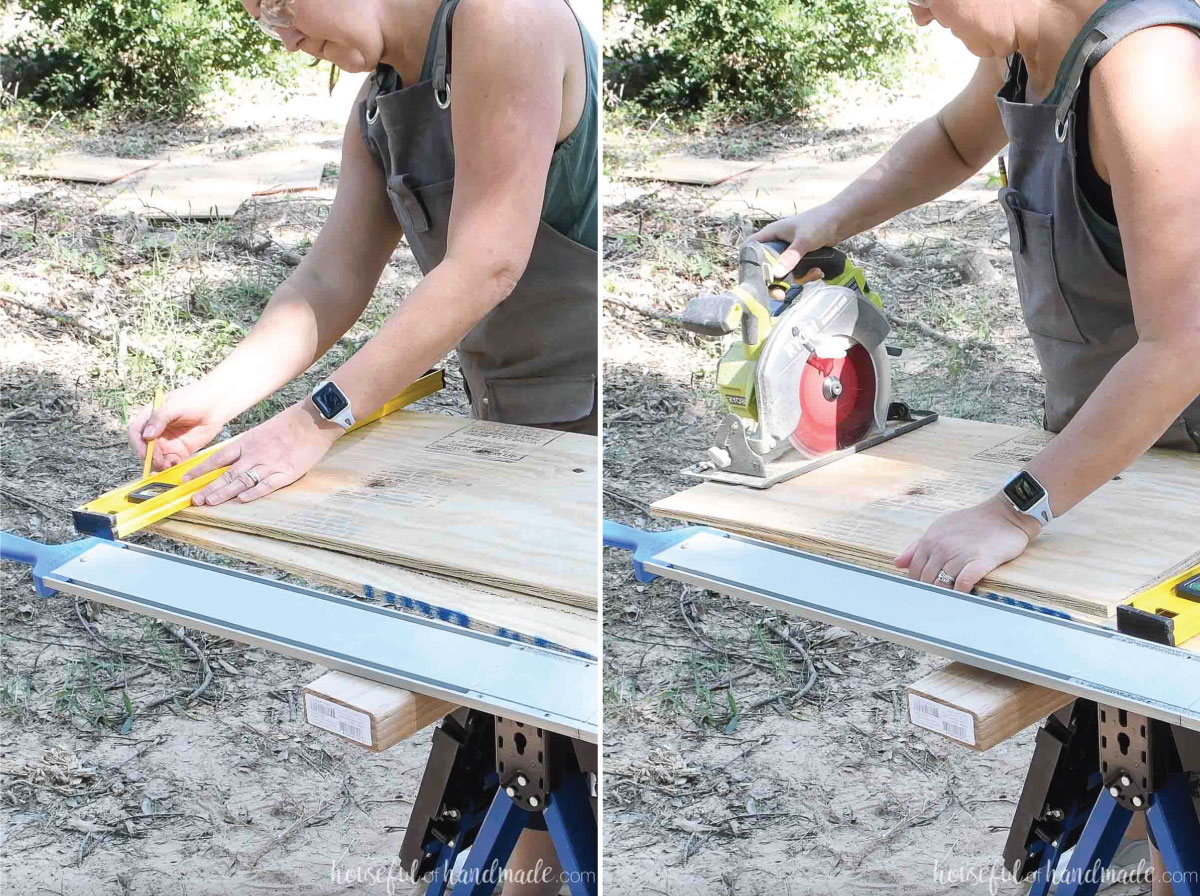 Cross cutting plywood with a circular saw using a level as a straight edge. 