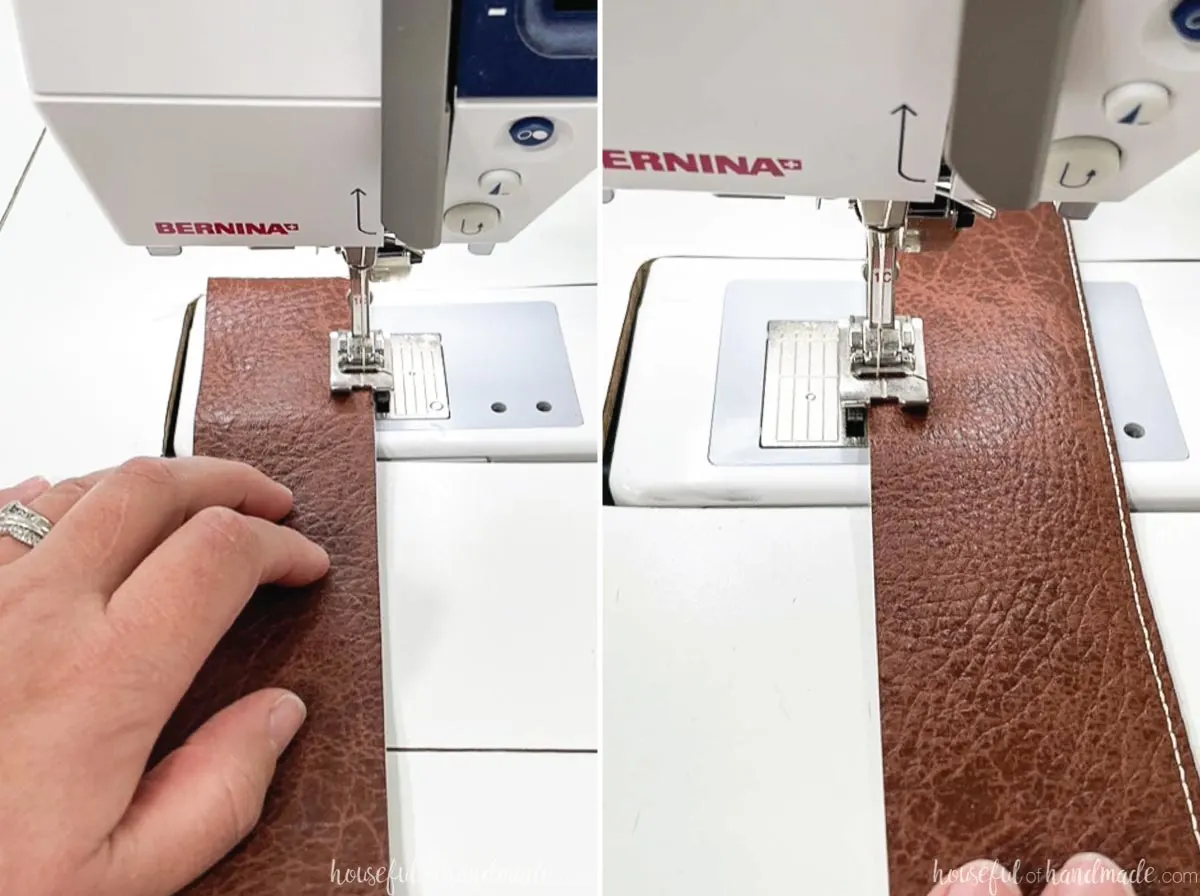 Sewing straps of faux leather together. 