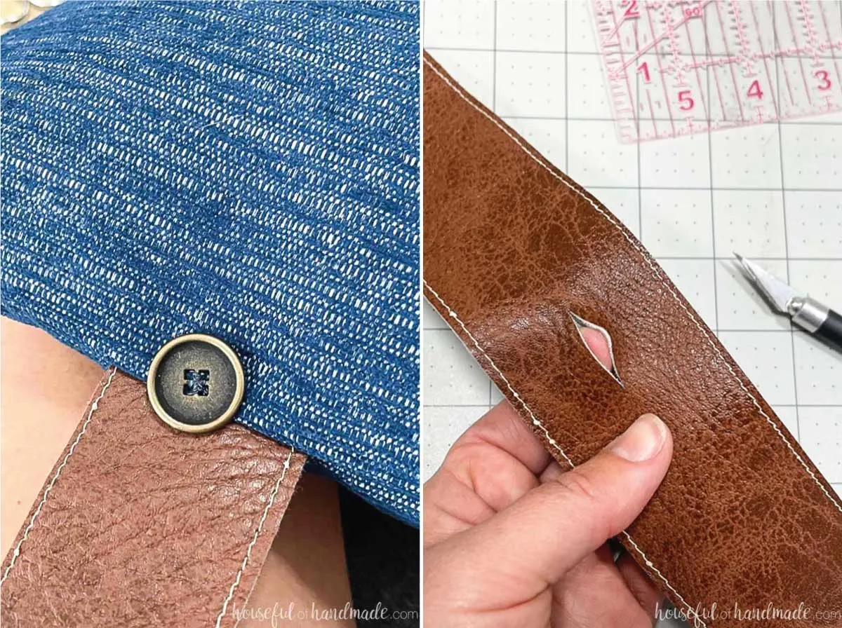 Attaching a button and cutting a button hole on the leather strapping. 