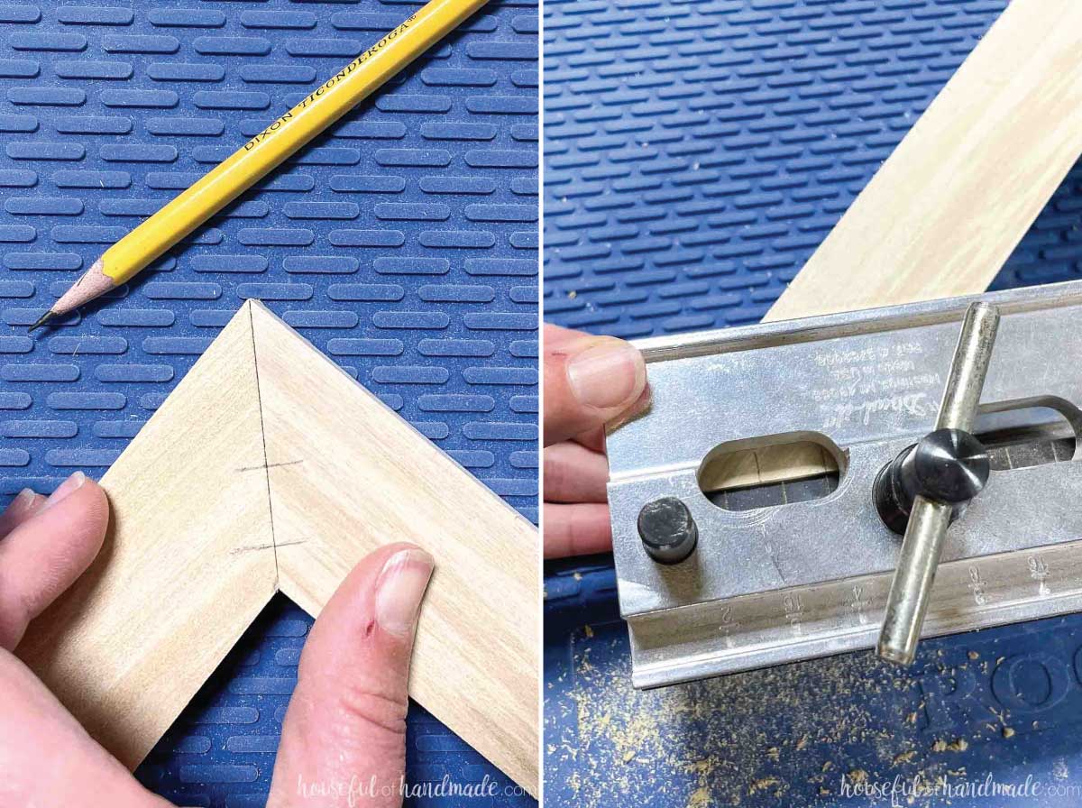 Two boards with 45 degree angles held together and marked for dowels then in a self centering dowel jig. 