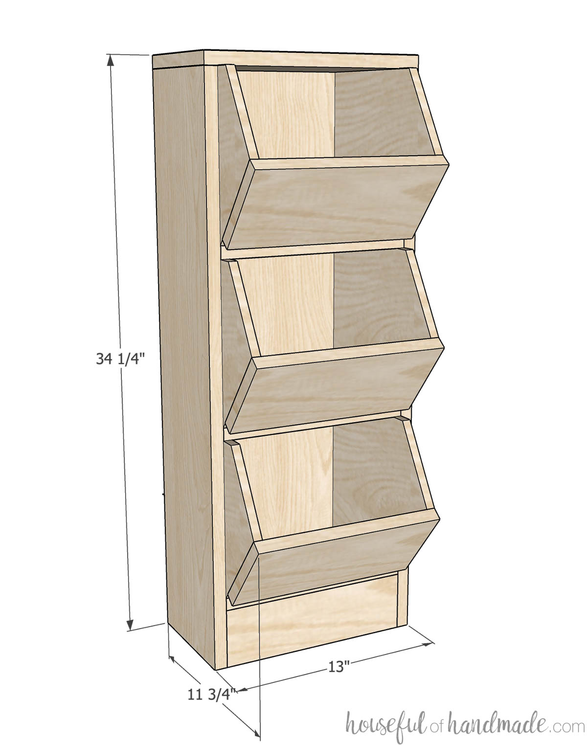 Sketch of single stack of vegetable storage bins with dimensions. 