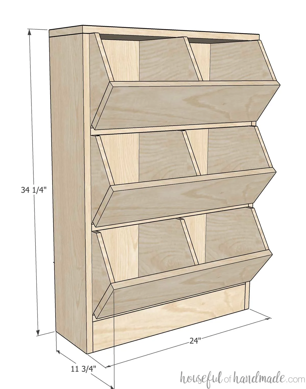 3D Sketch of the vegetable storage bins with overall dimensions noted. 