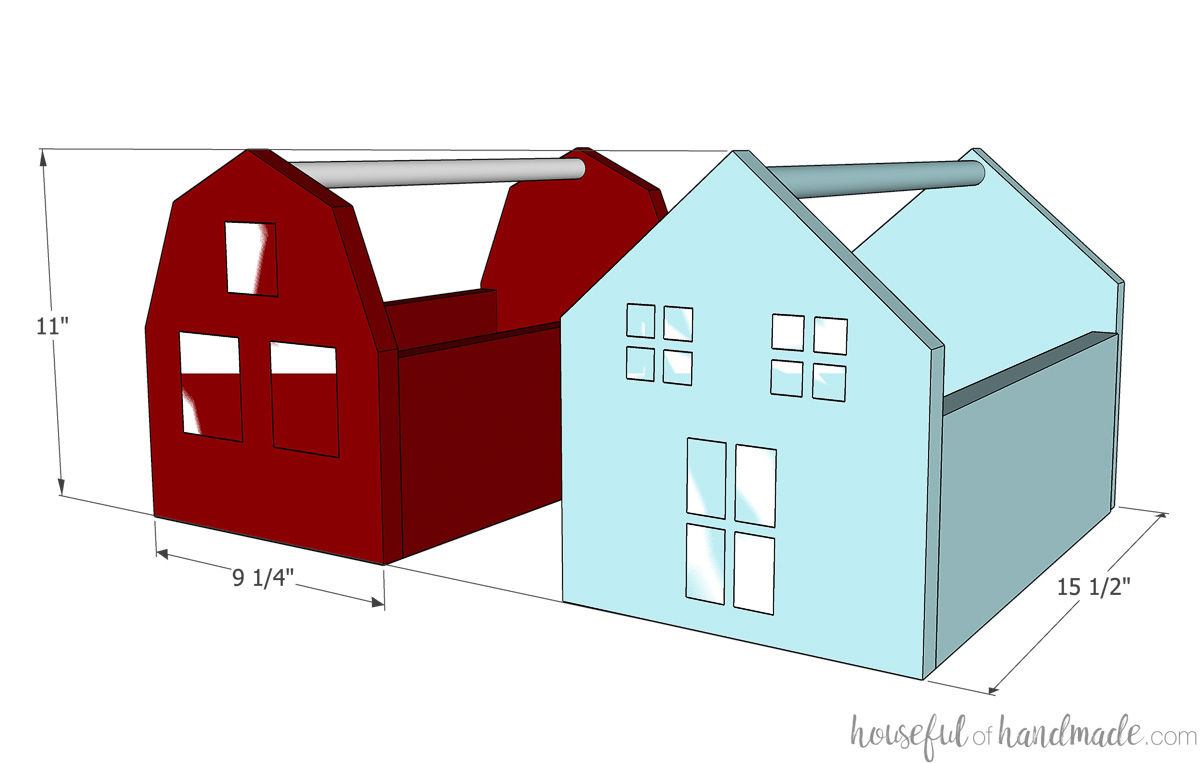 3D sketch of the dollhouse and toy barn totes with dimensions noted. 