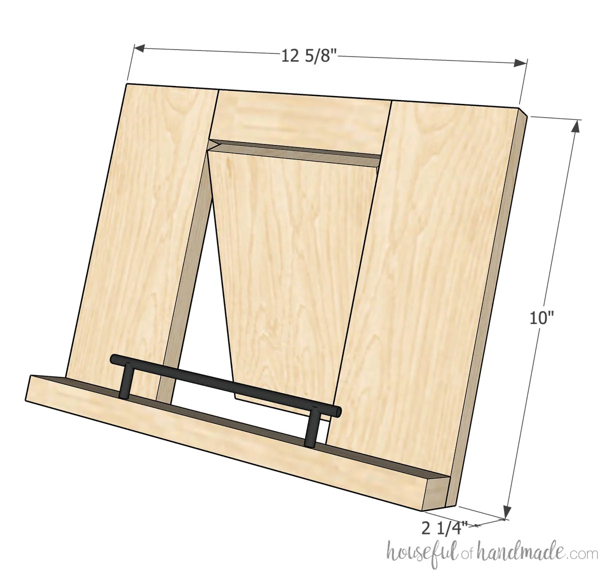 3D sketch of the folding cookbook holder with dimensions noted. 