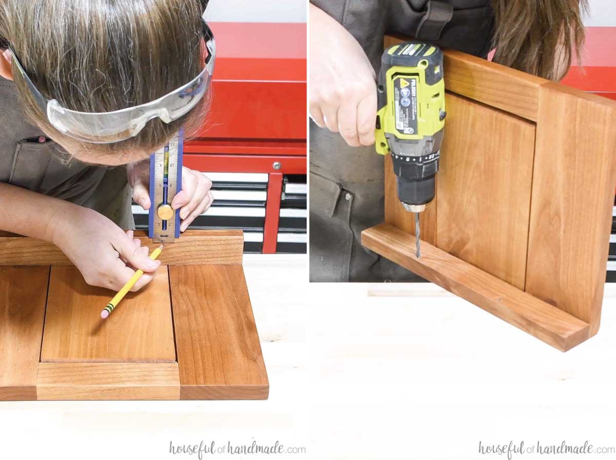 Measuring and marking where the drawer pull will go and drilling holes for it. 