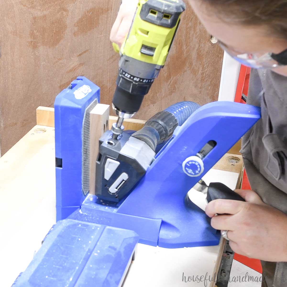 Drilling pocket holes in the ends of a 1x2 board. 