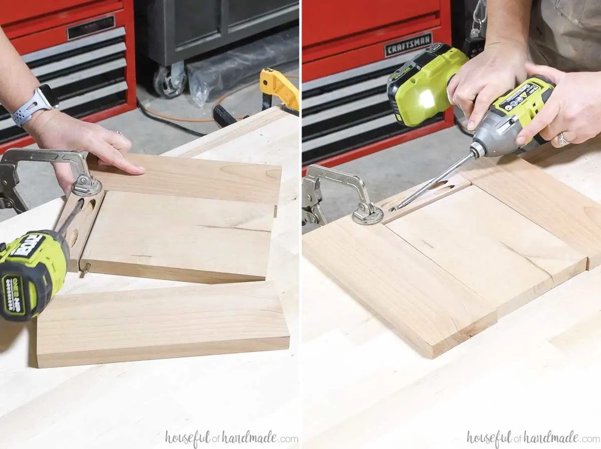 Attaching the two side boards together with a top piece using pocket holes. 