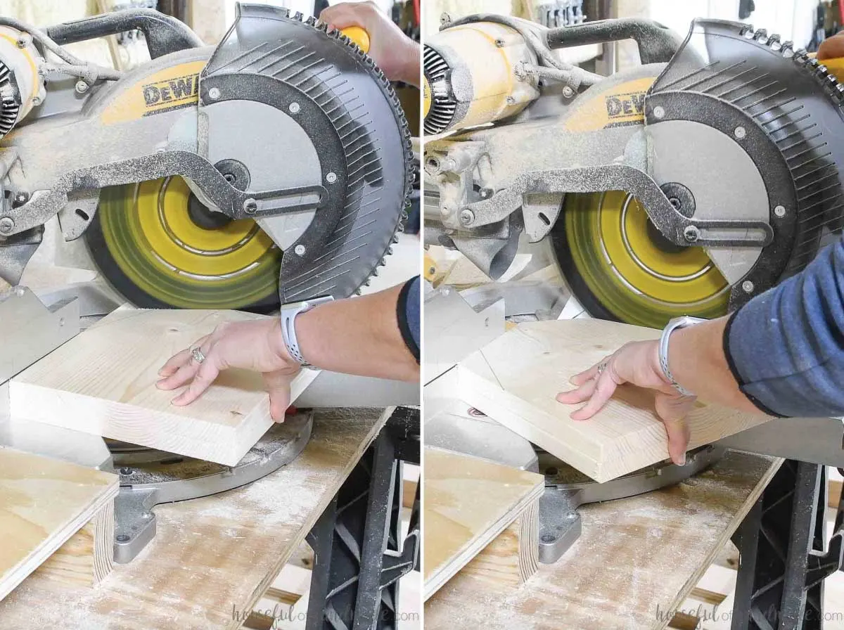 Cutting out a barn roof shape on a miter saw. 