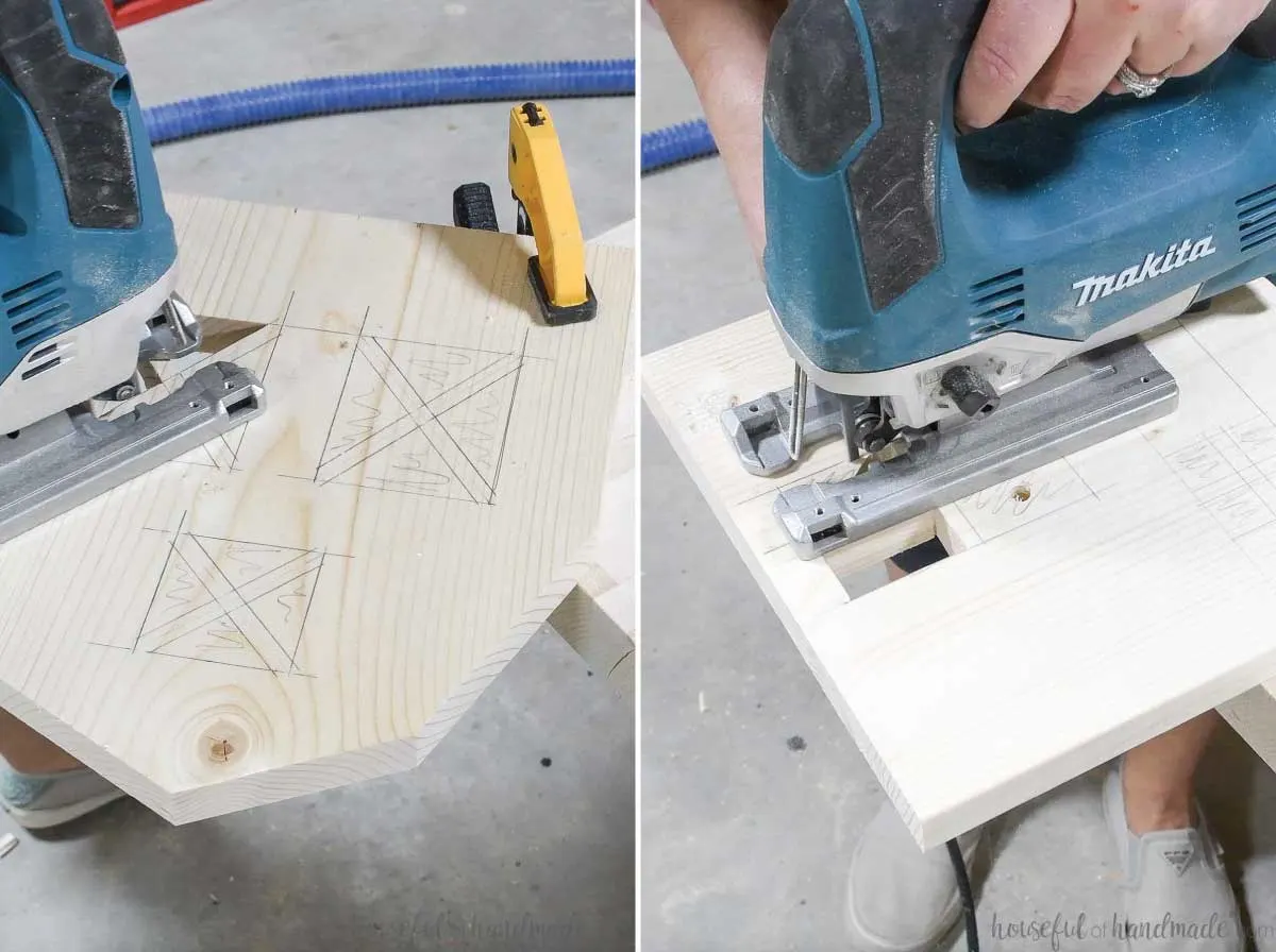 Cutting out the window and door designs with a jig saw. 