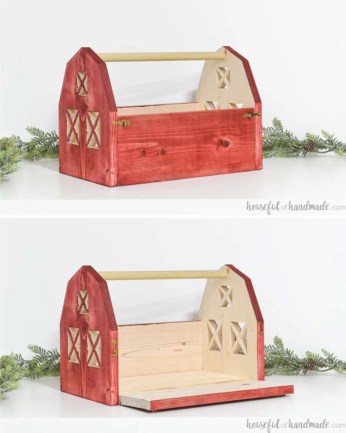Wooden barn toy with one side that opens flat for play but closes to hold the toys inside. 