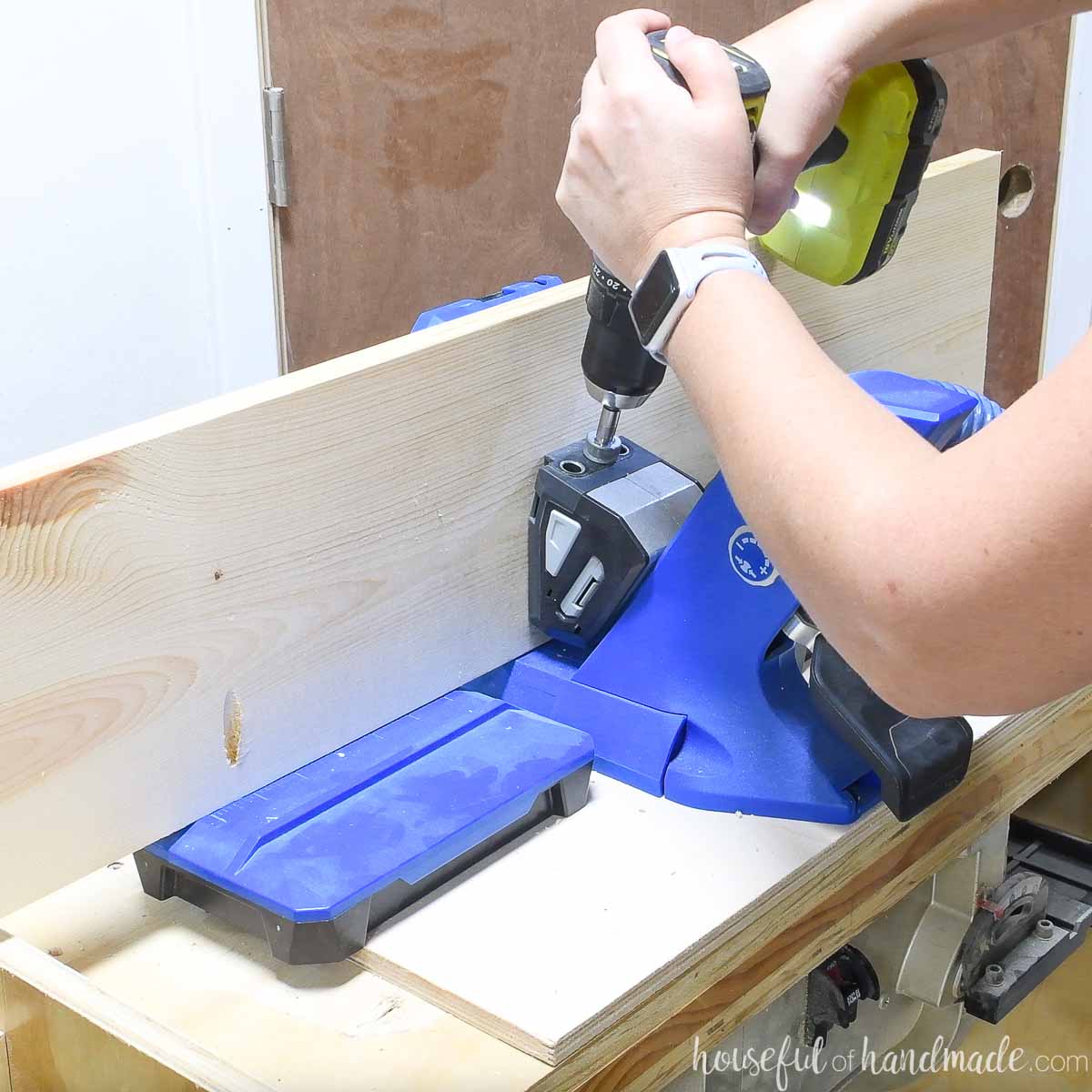 Drilling pocket holes with the Kreg jig. 