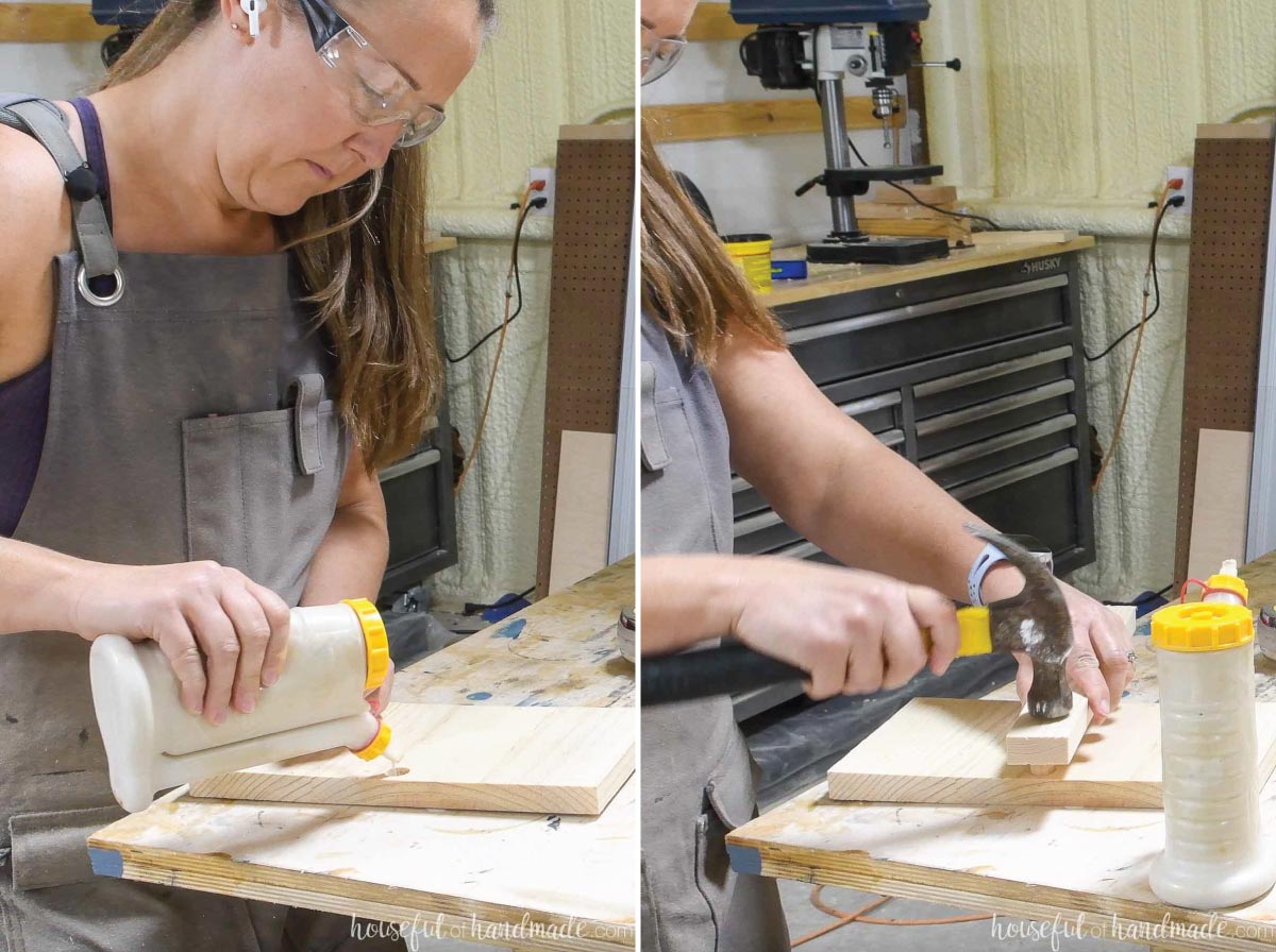 Glueing a piece of dowel into the hole and tapping it in place with a hammer. 