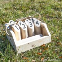DIY Mölkky game in a carrier on the grass.