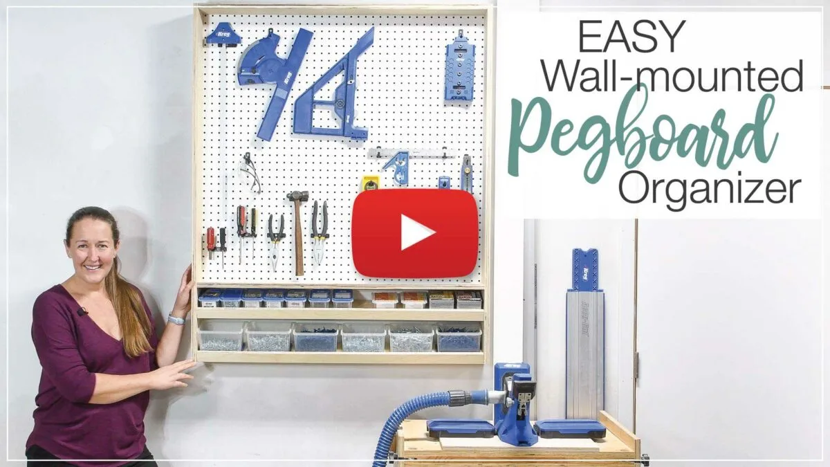 YouTube thumbnail for the pegboard wall organizer cabinet build video. 