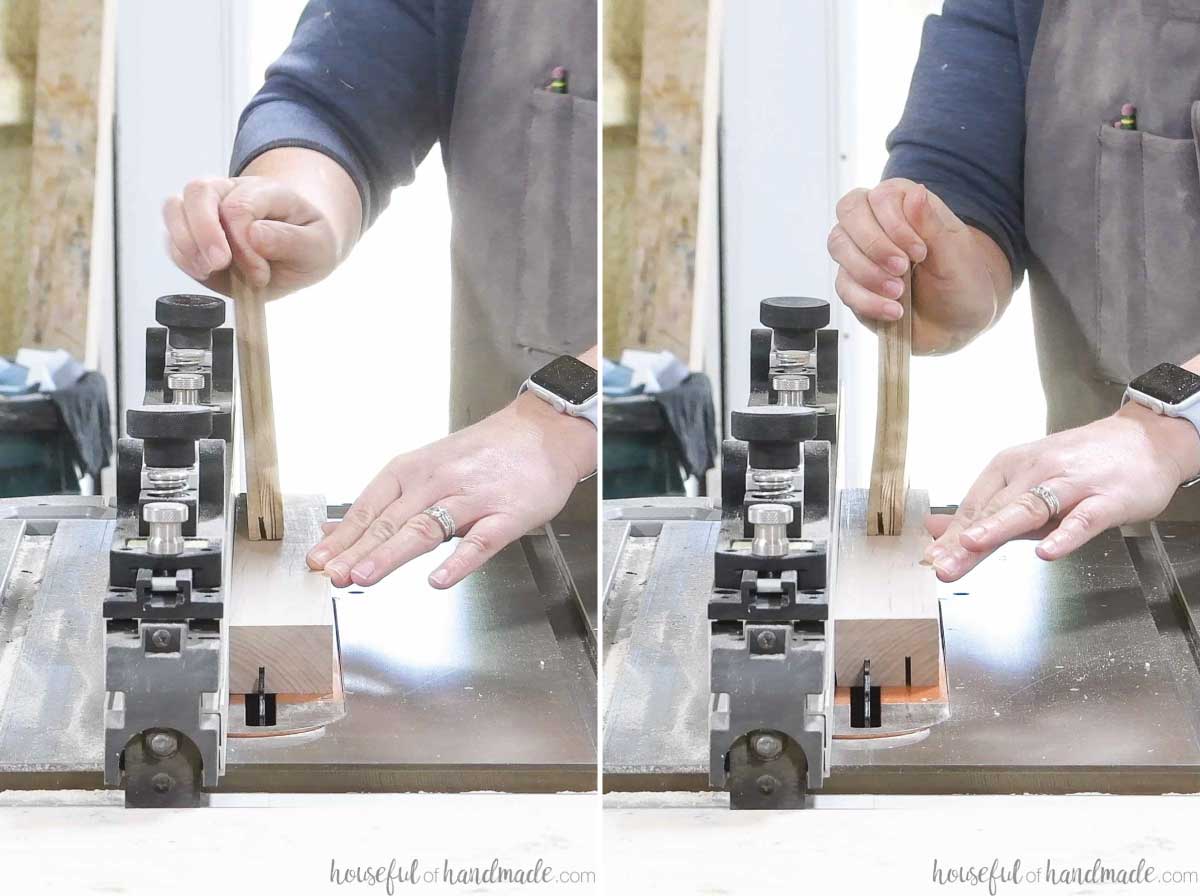 Running a wider block through the table saw to cut grooves on both sides. 