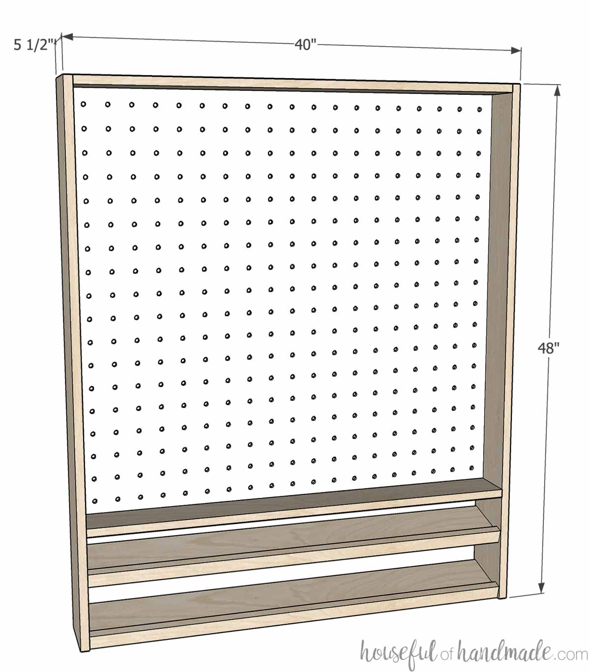 3D Sketch of the pegboard storage cabinet with overall dimensions noted on it. 
