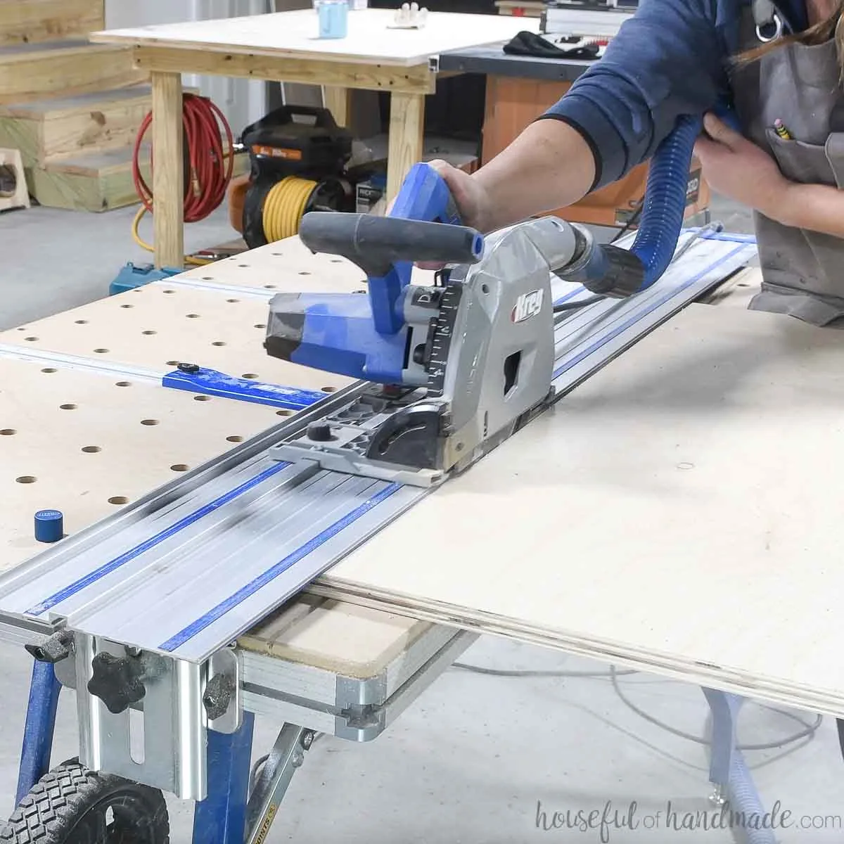 Cutting a sheet of plywood on the Kreg adaptive cutting system. 