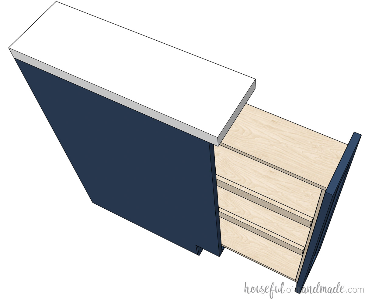 Drawing of the spice rack cabinet showing the top of the plywood spice rack. 