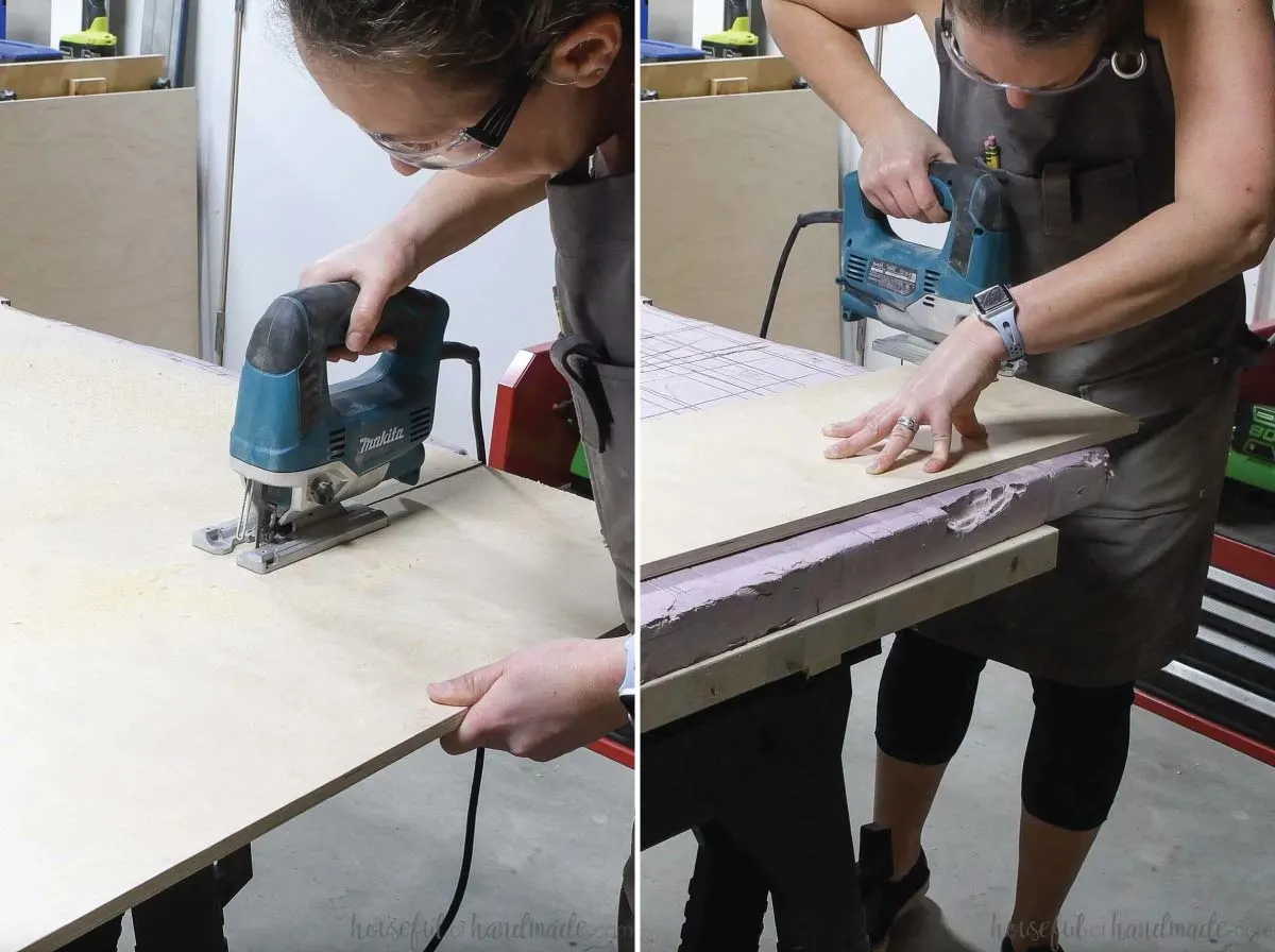 Cutting out the plywood shelf top with a jig saw. 