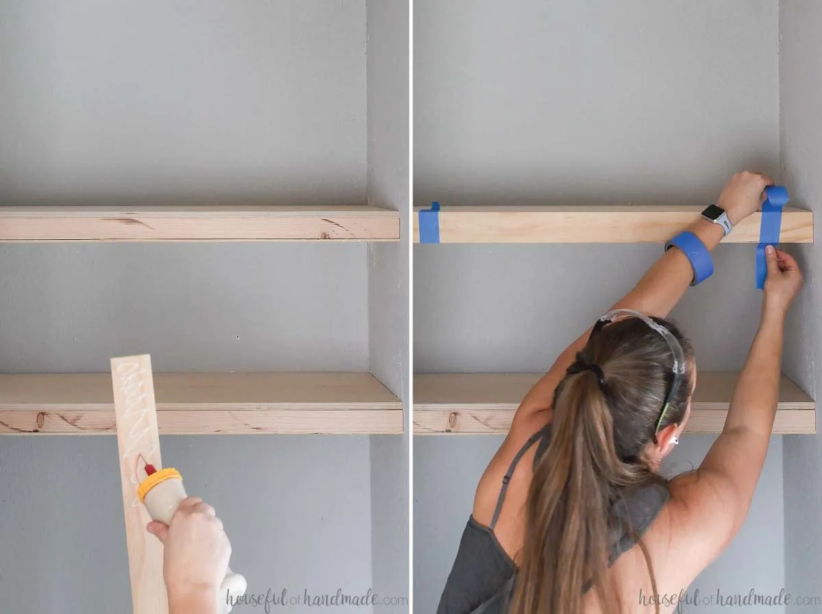 Glueing the shelf front and clamping it with blue painters tape. 