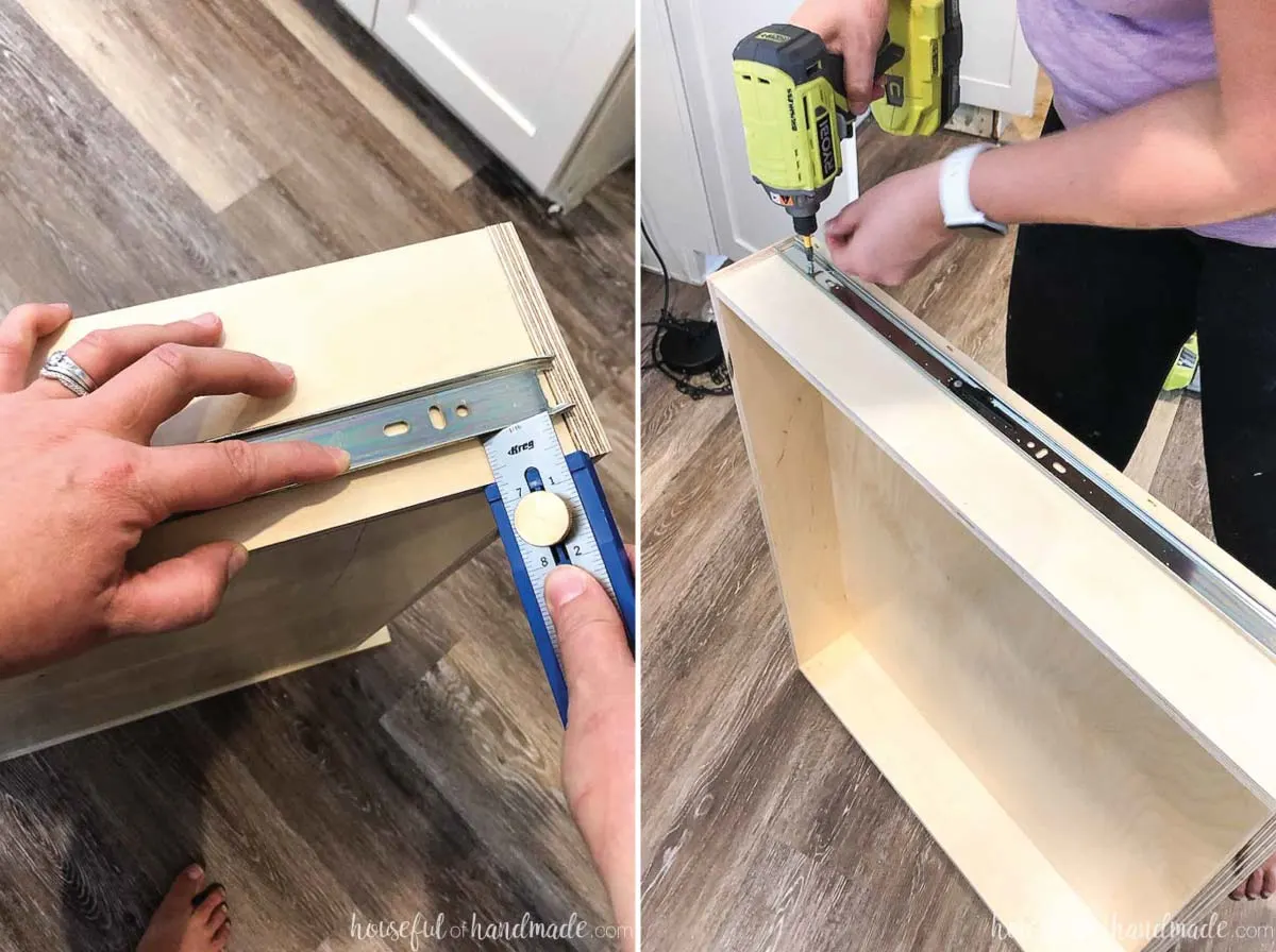 Installing drawer slides on the sides of the drawers. 