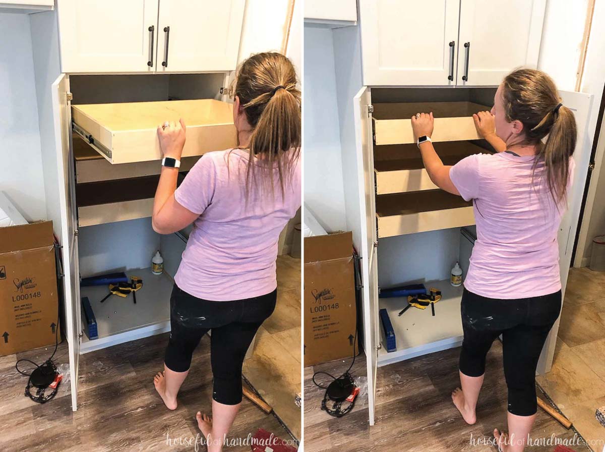 Installing pull out shelves in a pantry cabinet. 