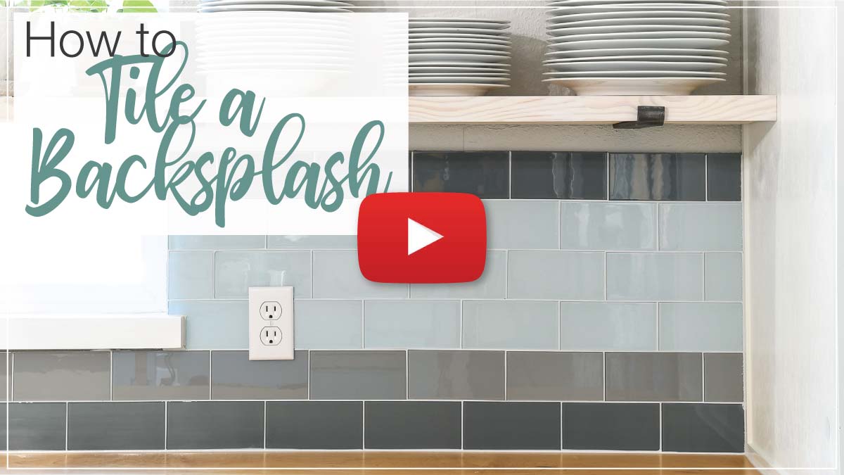 YouTube Thumbnail for How to Tile a Backsplash video with play button.