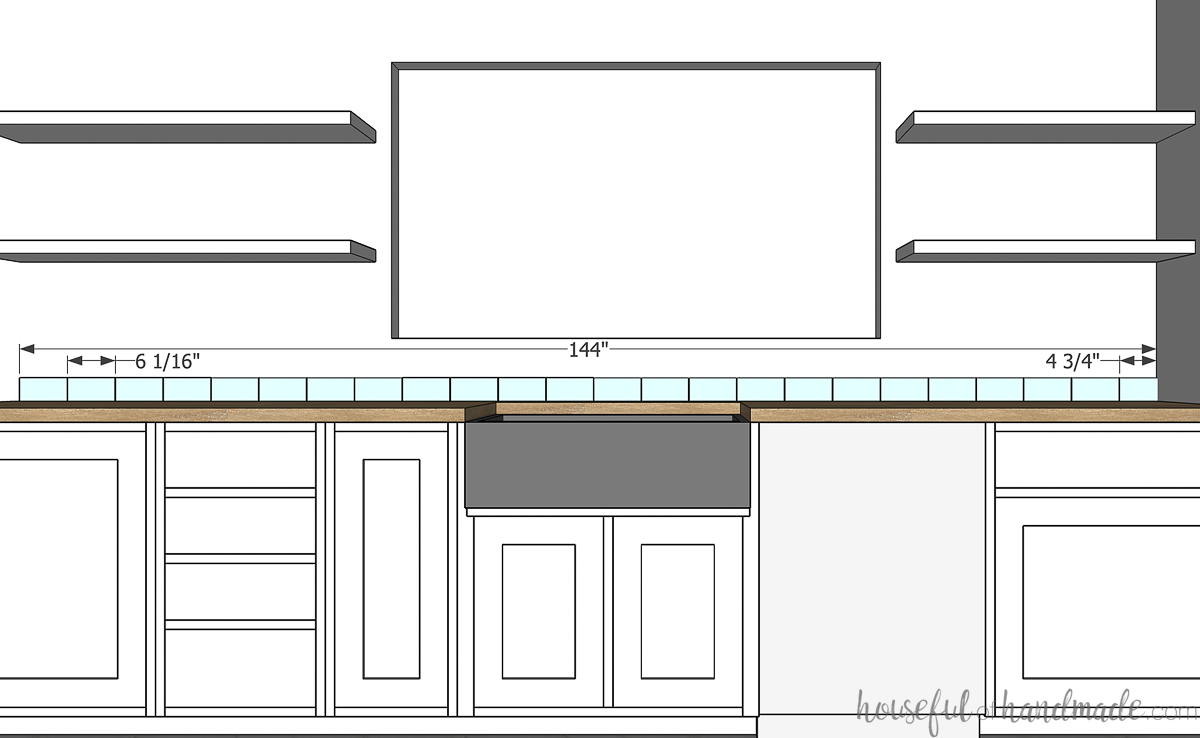 3D sketch of kitchen showing first row layout of tile for backsplash. 