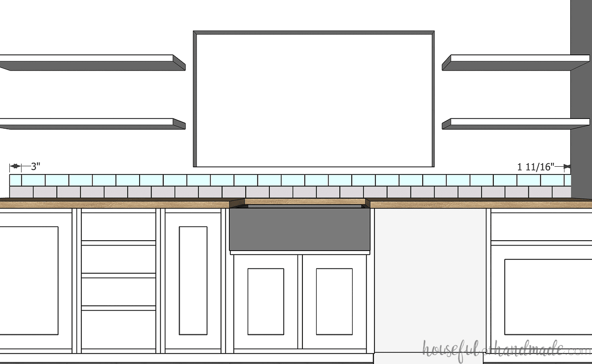3D sketch of kitchen showing second row layout of tile for backsplash. 