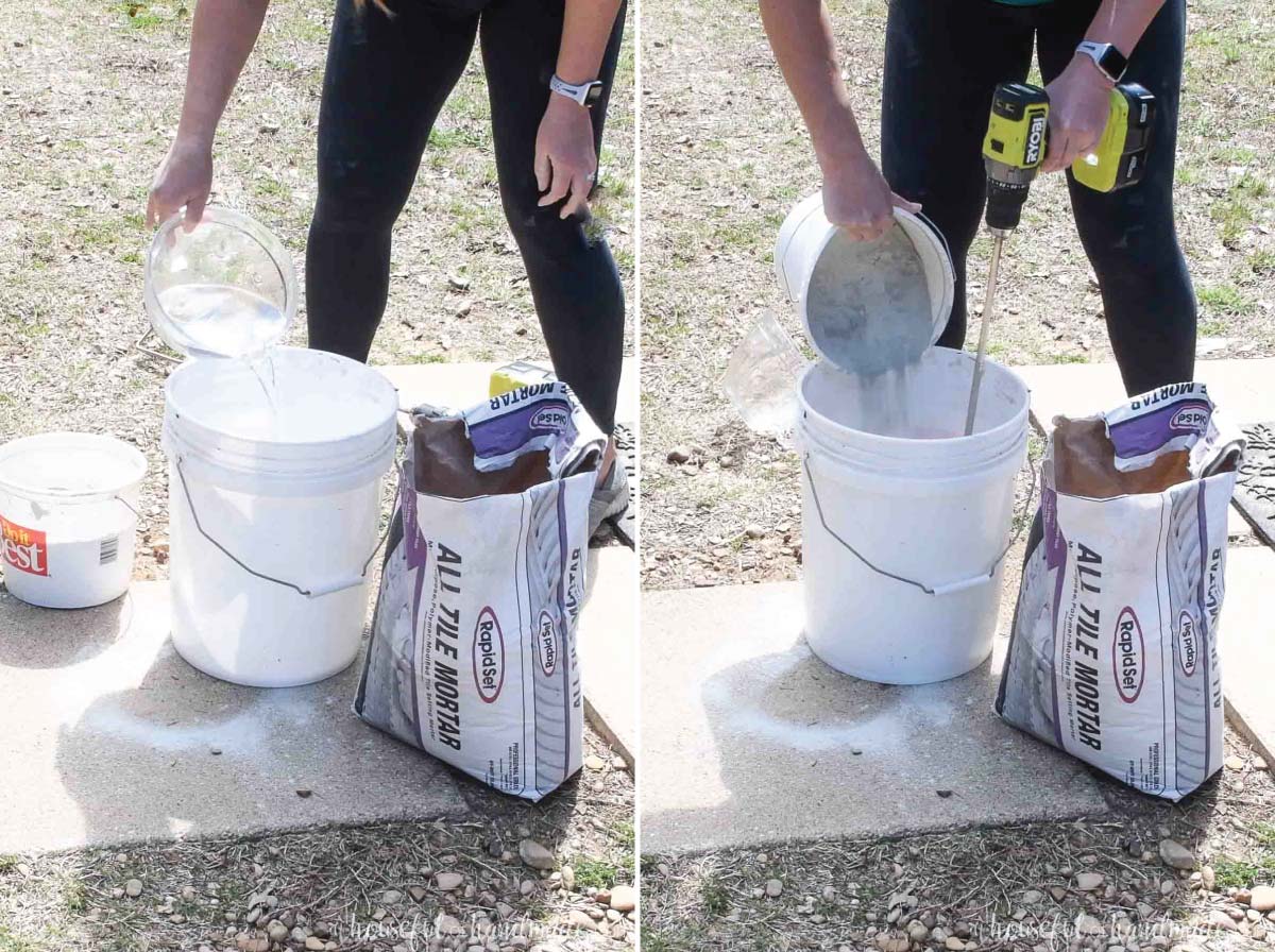 Mixing the mortar in a 5 gallon bucket. 
