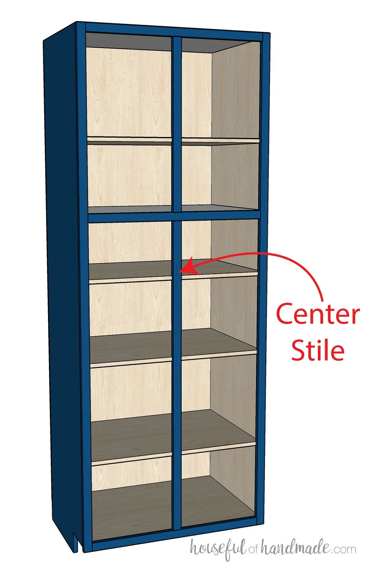 3D sketch of a pantry cabinet with a center stile in front of the shelves. 