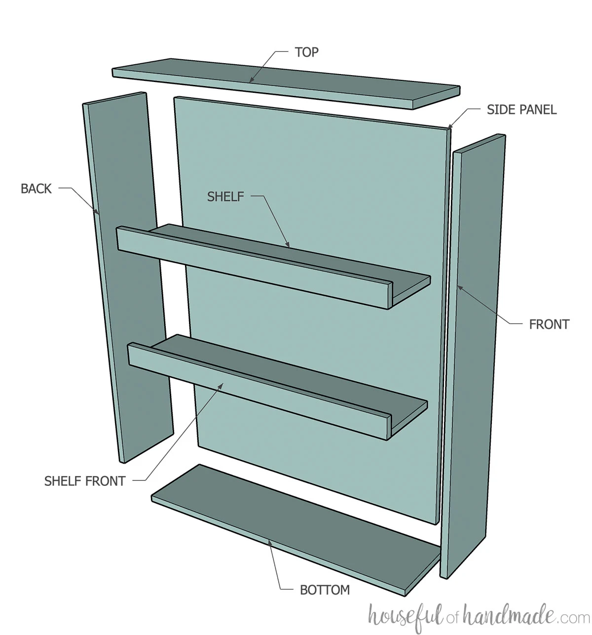 Spice rack cabinet insert exploded with all the parts labeled.