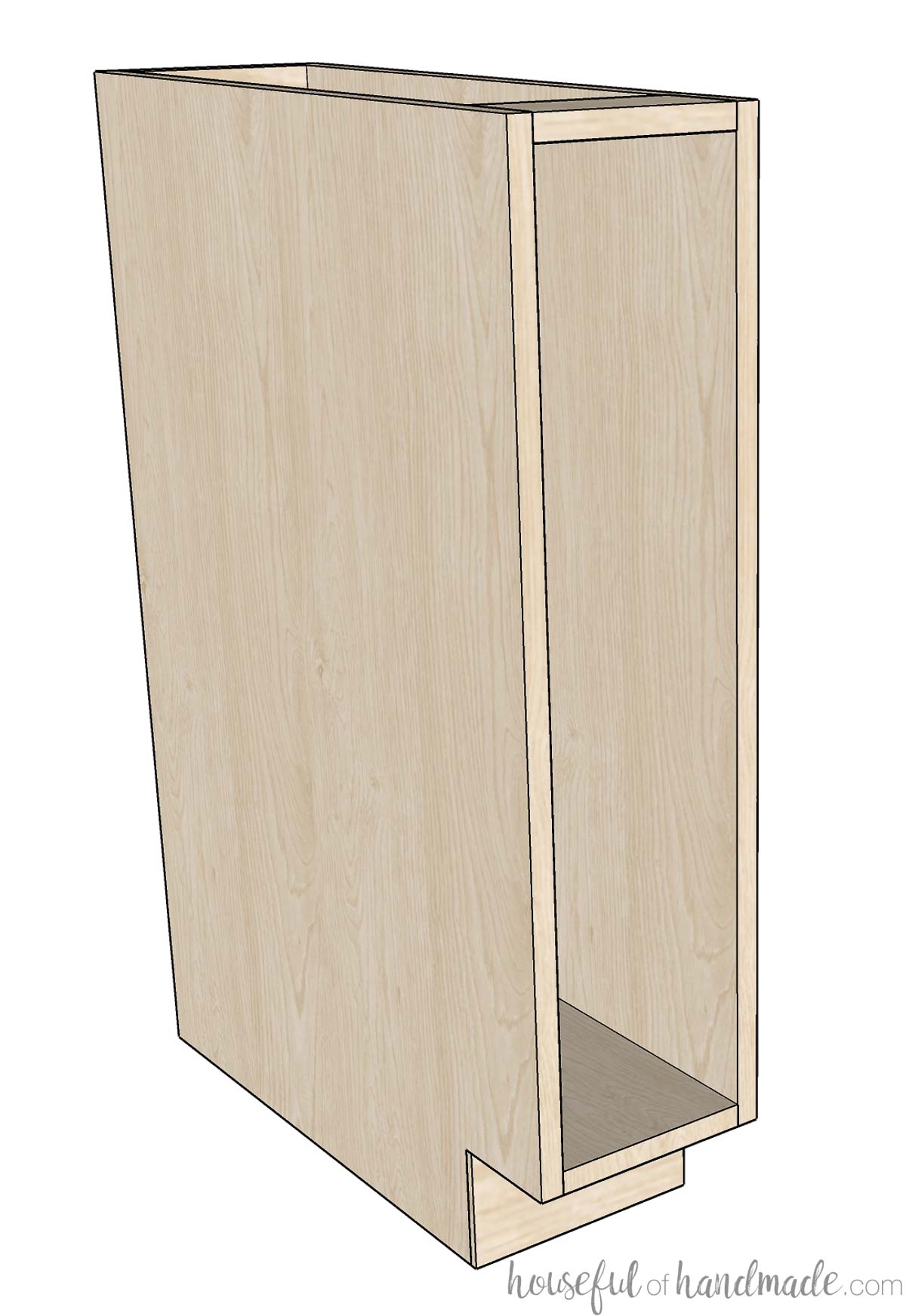 3D drawing of a skinny frameless base cabinet made for a spice rack insert. 