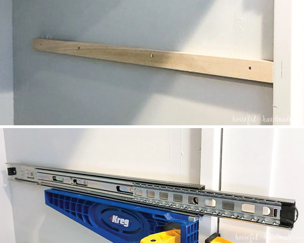 Blocking added inside a face frame cabinet to install the drawer slides and the drawer slide being installed. 