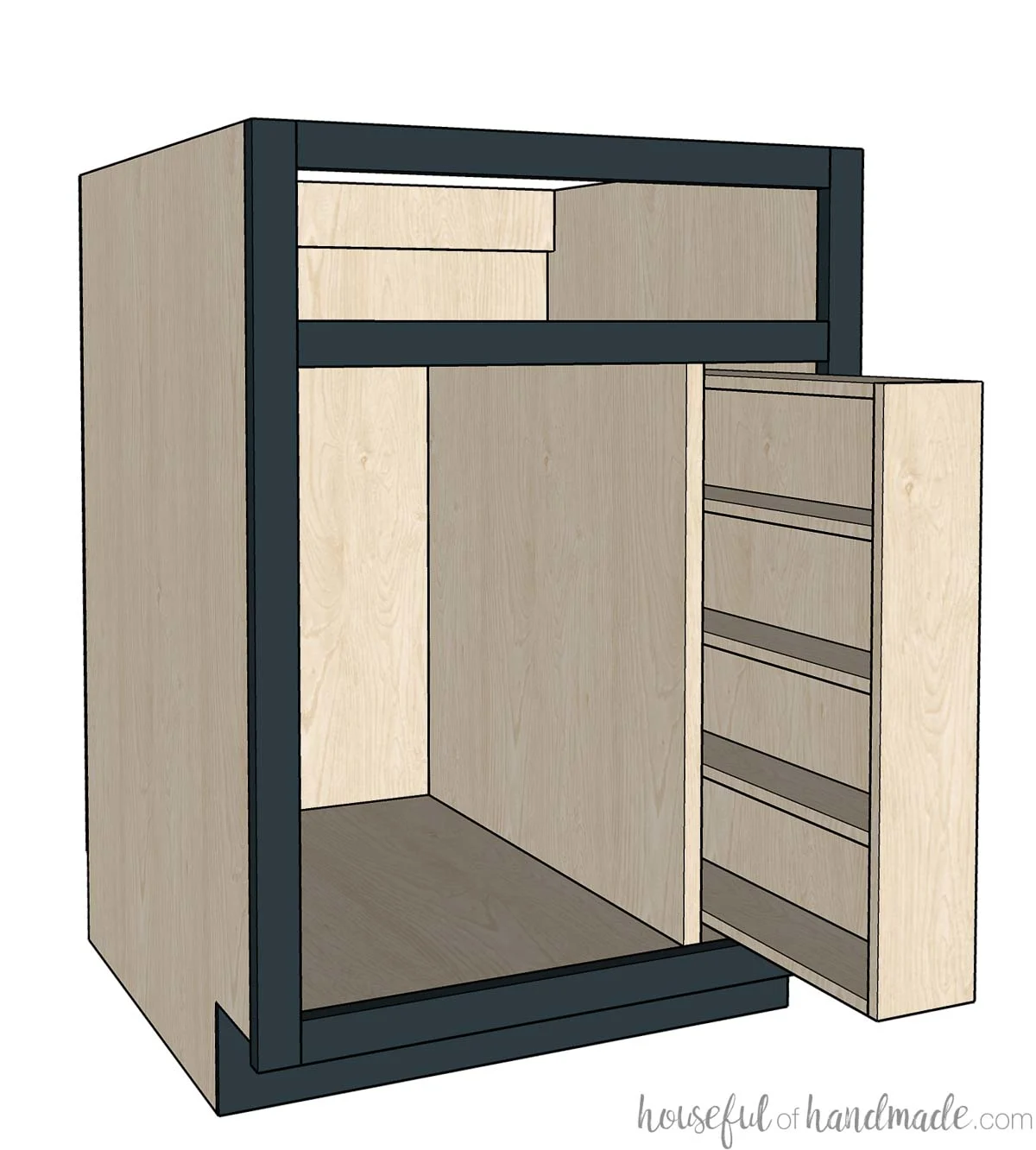 Drawing of large base cabinet with retrofit pull out spice cabinet on one side. 