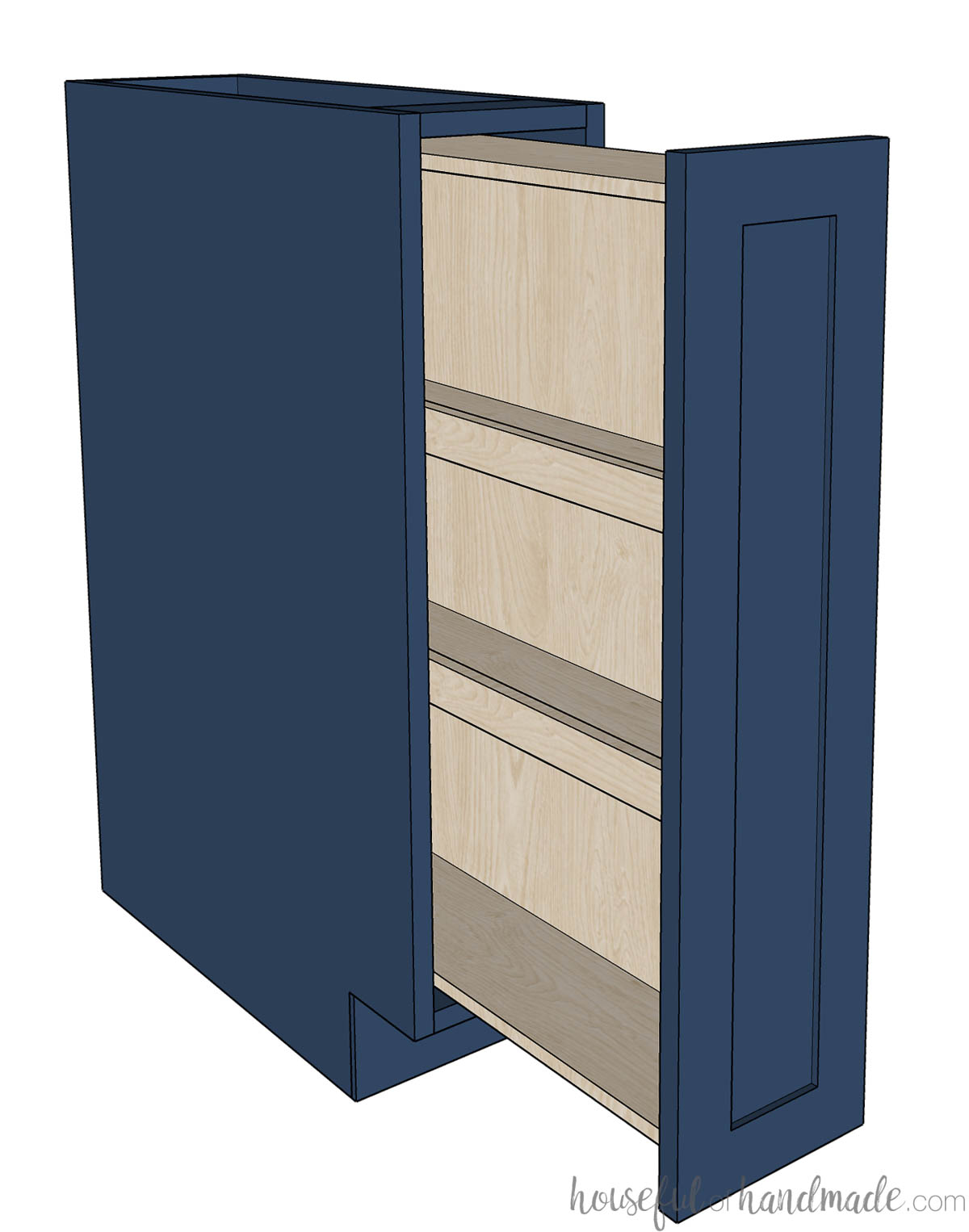 3D drawing of a navy spice cabinet with shelves. 