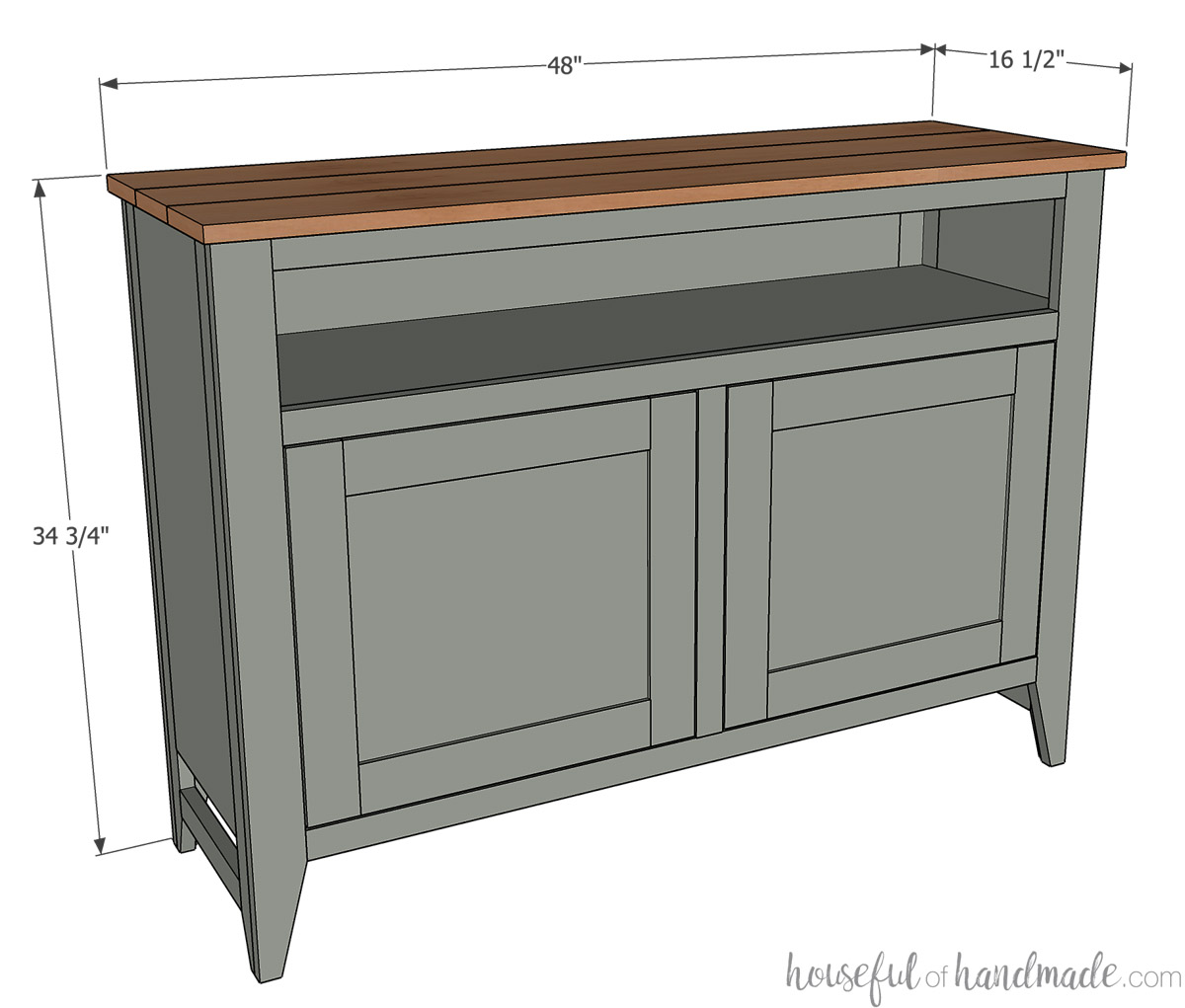 3D sketch of the DIY sideboard with overall dimensions noted on it. 