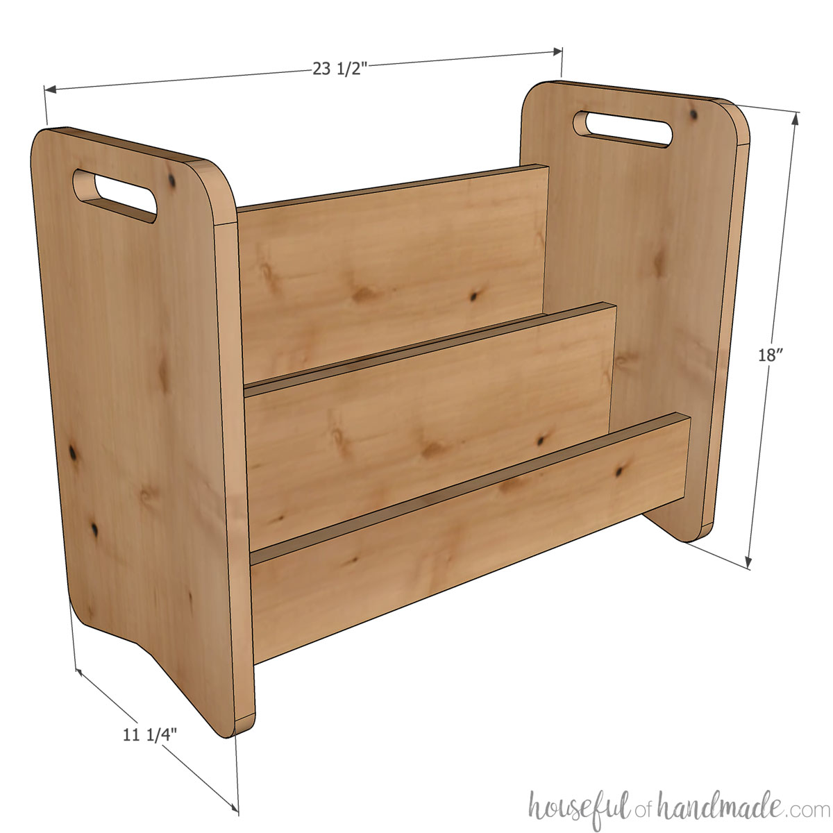 3S sketch of the toddler bookcase build plans with final dimensions noted. 