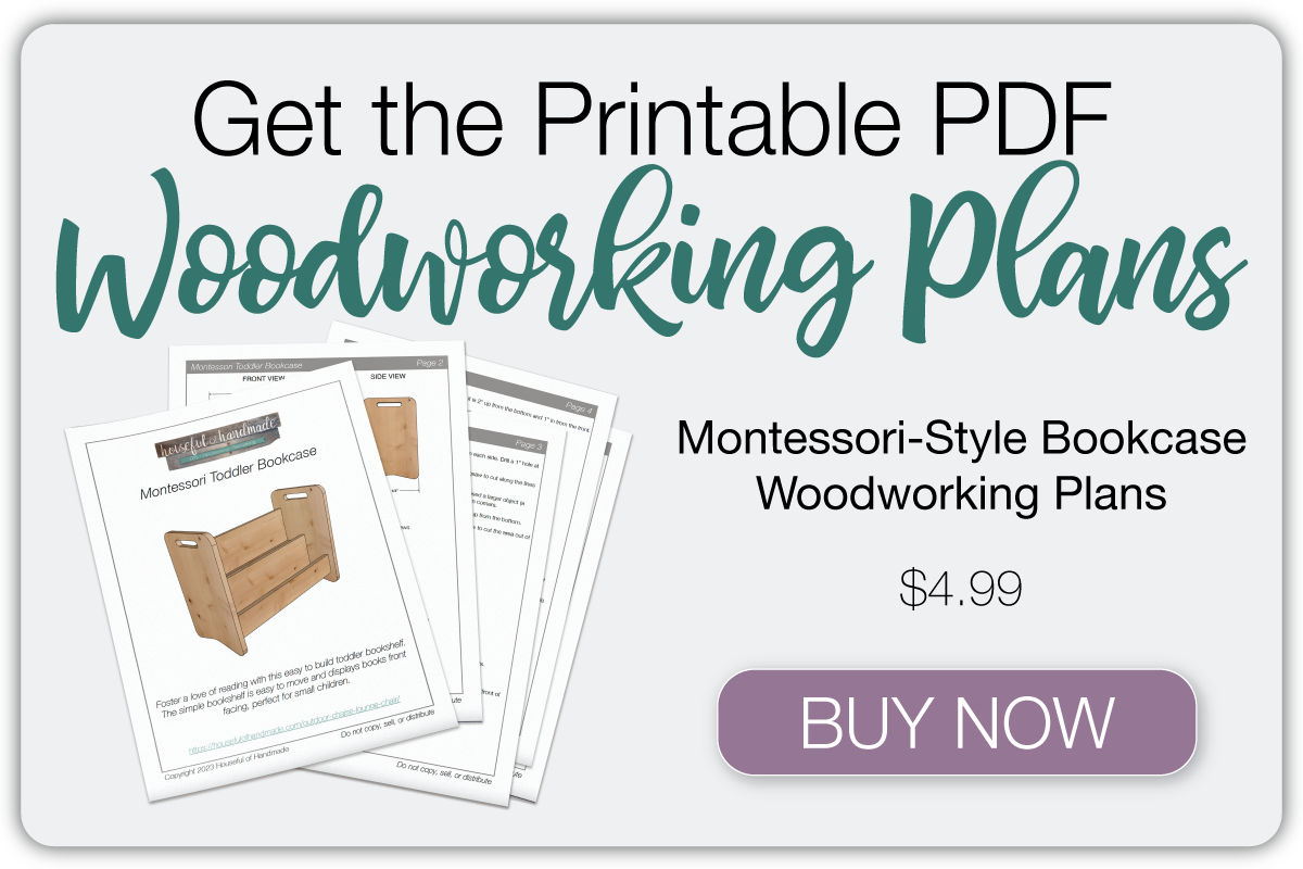 Button to buy the Montessori-style bookcase woodworking plans. 
