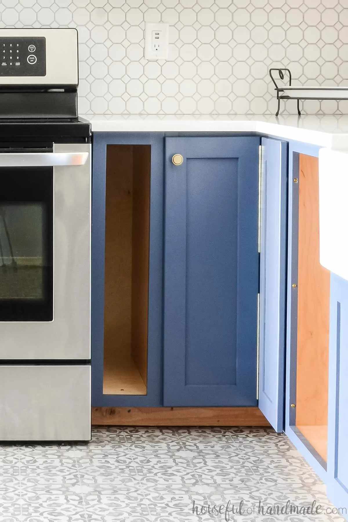 DIY bi-fold corner base cabinet in a corner next to a kitchen range. 