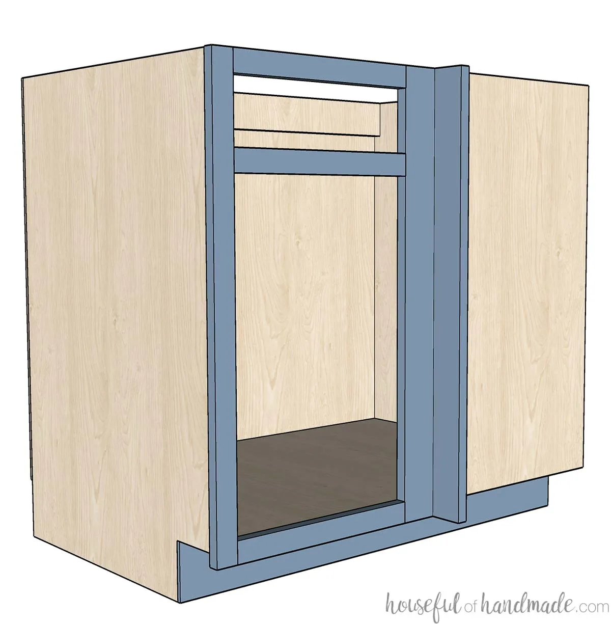 3D Drawing of a blind corner base cabinet box. 